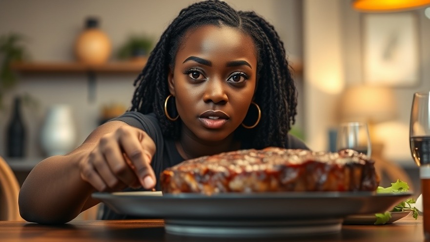 Black woman rejecting steak at dinner, advocating for a plant-based diet.
