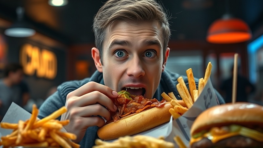 Younger man expressing emotions while indulging in junk food, highlighting mindful eating and emotional health.
