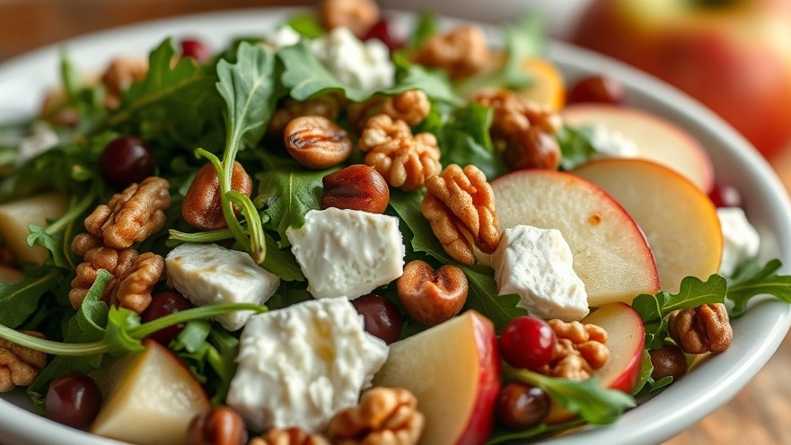 Close-up of a fresh Apple Walnut Salad featuring goat cheese, perfect for fall recipes.