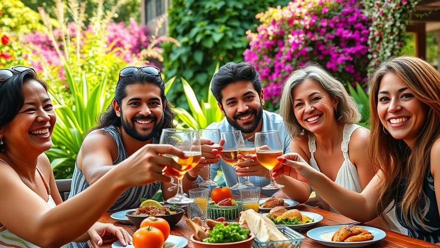 Joyful friends toasting at a budget-friendly dinner party in a lush garden.