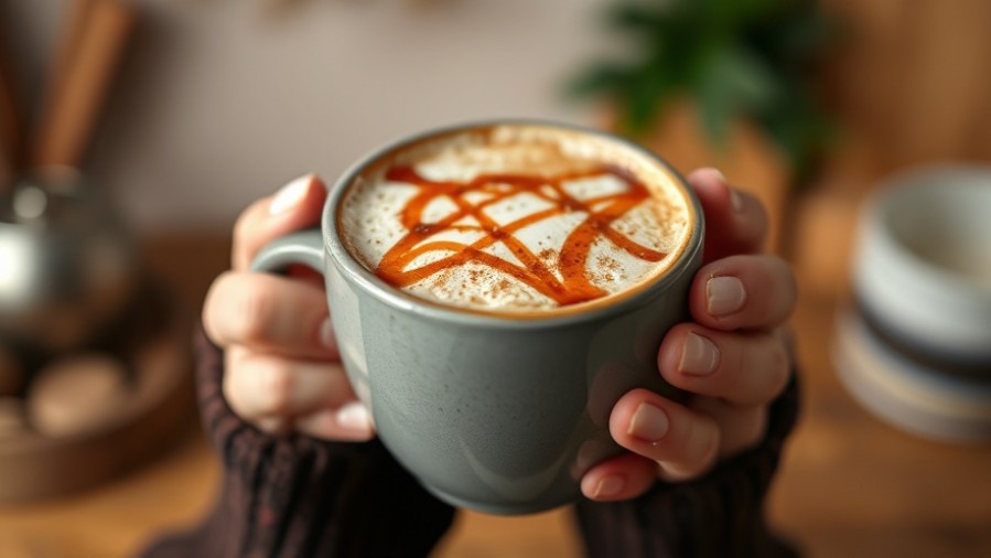 Close-up of hands holding a homemade latte with gingerbread flavor and cinnamon.