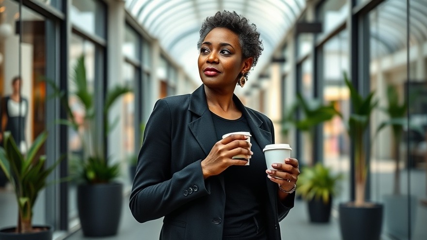 Confident Black woman, 50+, embodying empowerment after 50 in modern shopping arcade.
