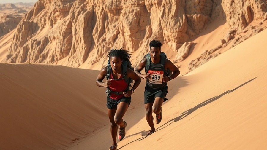Black couple running in a desert ultramarathon, showcasing endurance and resilience.