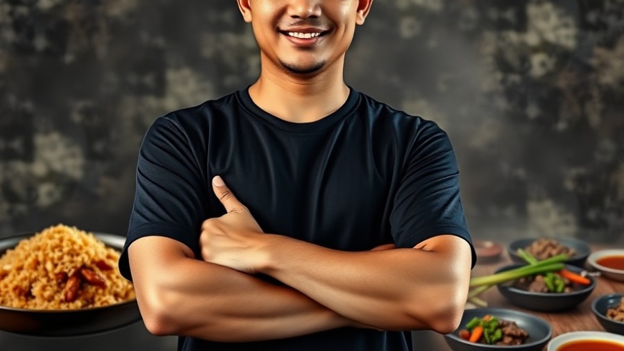 Confident man in black t-shirt showcasing homemade fried rice and Chinese dishes.