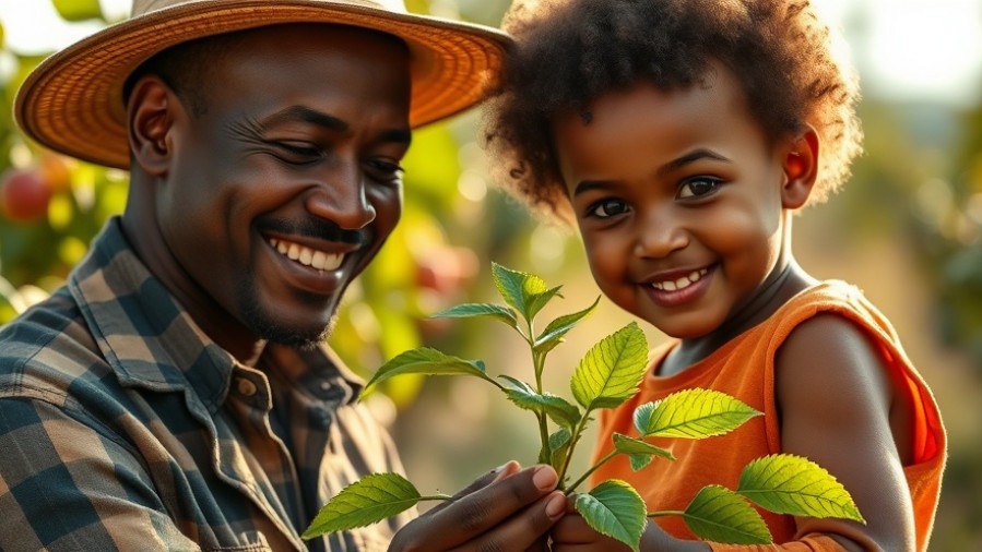 Smiling Black farmer shares fruit sapling with child, celebrating sustainable living.