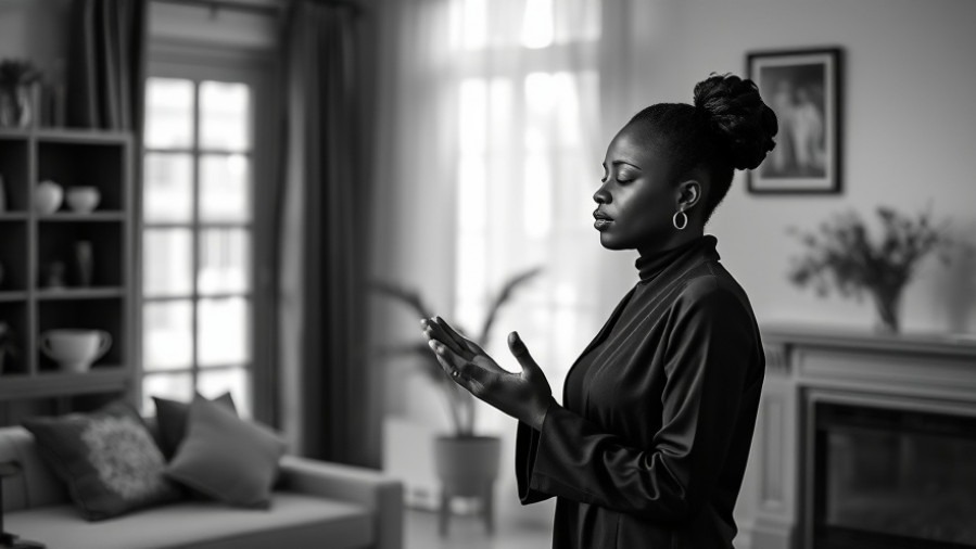 Elegant Black woman praying in a serene indoor setting, embodying spiritual wellness.
