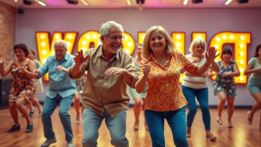 Seniors joyfully dancing in a vibrant, retro workout scene showcasing low-impact cardio.