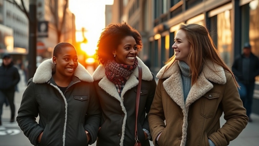 Women in winter fashion essentials discussing mindful living in urban setting.