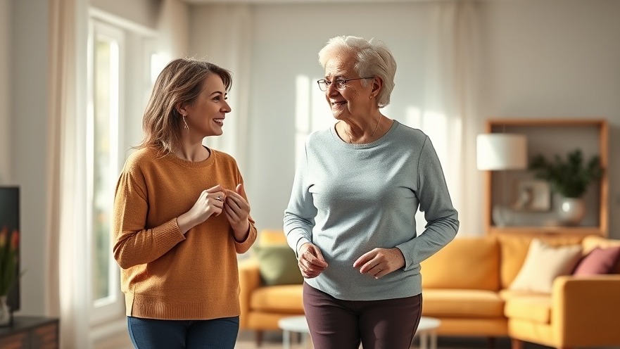 A woman and her mother preparing for a walk, promoting heart health and fitness for seniors.