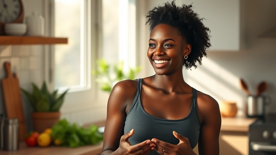 Fit young Black woman sharing mindful eating tips in a sunlit kitchen.