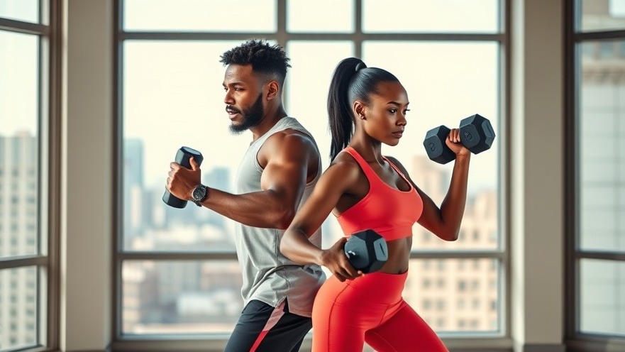 Black male and female duo doing dumbbell strength training at home, vibrant setting.
