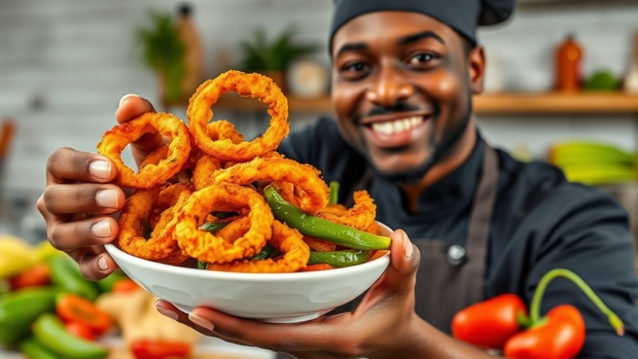Crispy fried bell pepper rings by a smiling Black chef, a healthy vegan snack