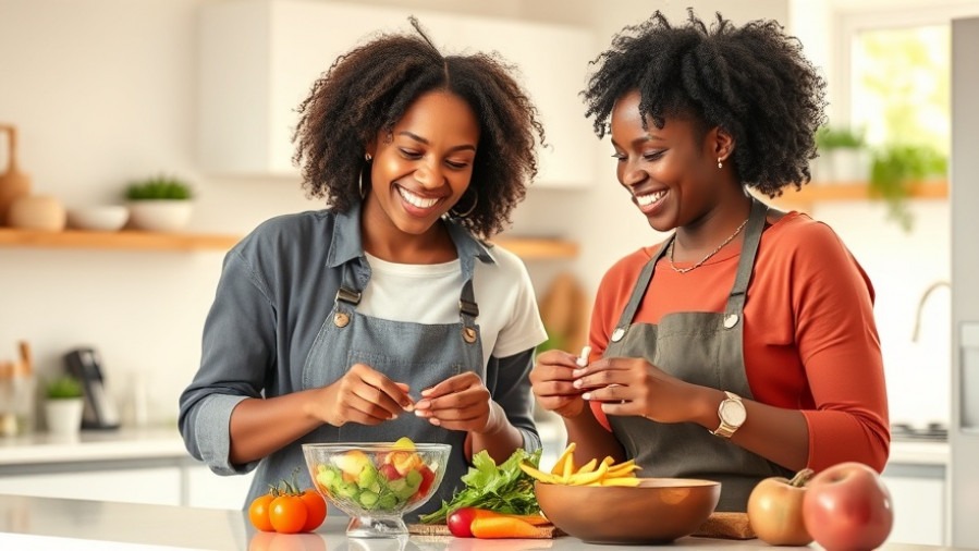Smiling Black women preparing healthy snacks, emphasizing mental health foods in a bright kitchen.