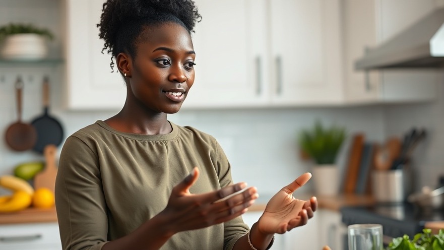 Focused Black woman in a modern kitchen sharing healthy eating habits and diet tips.
