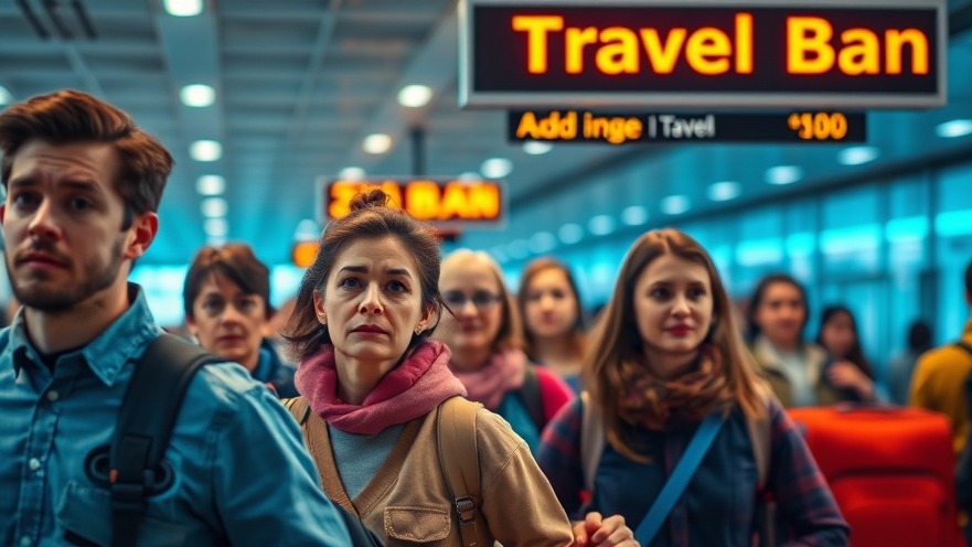Diverse travelers at an airport showing emotions of uncertainty during a travel ban.
