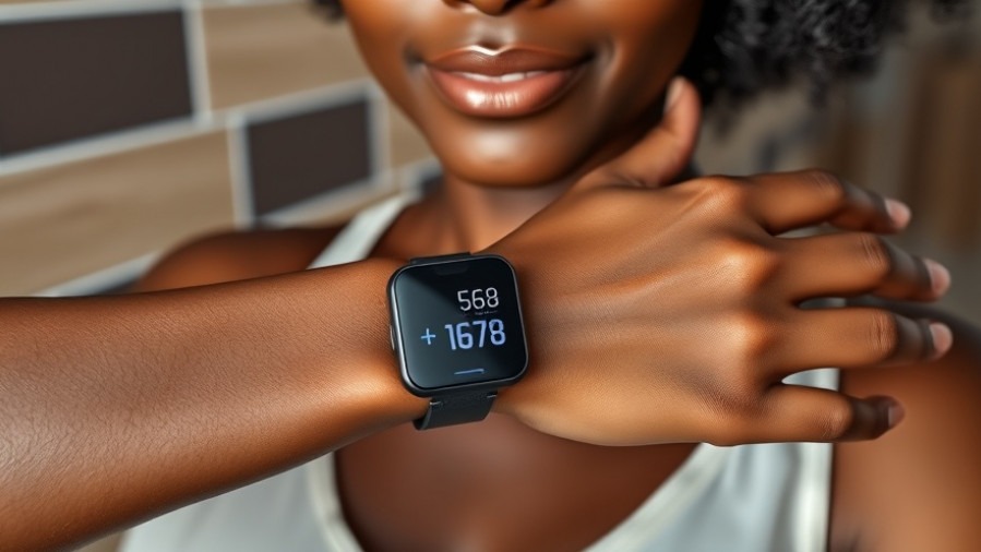Cuffless blood pressure device on Black woman, showcasing wearable technology for health.
