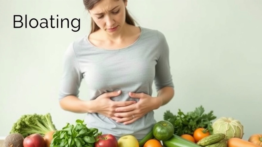 Woman with a concerned expression on bloating, surrounded by fresh fruits for gut health.