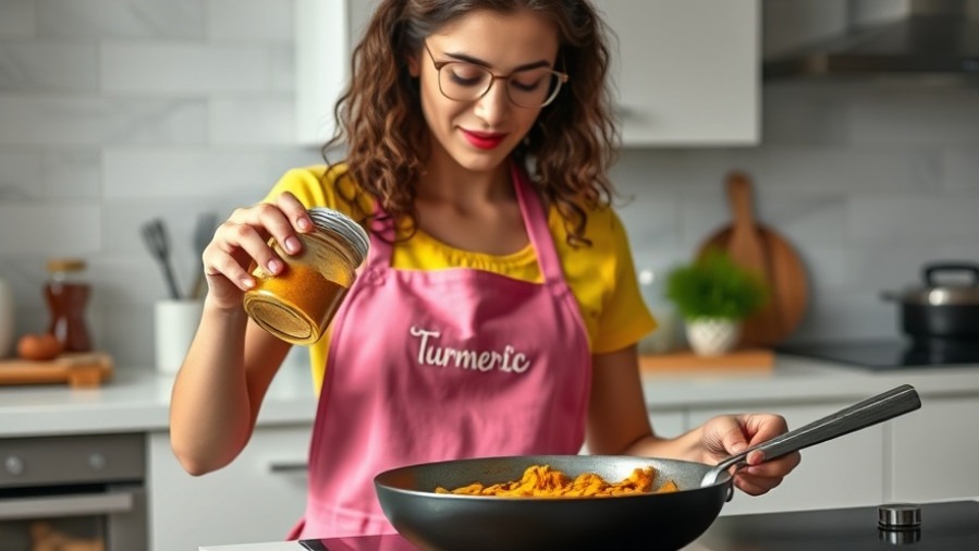 Young woman using turmeric for natural remedies for stress in a modern kitchen.
