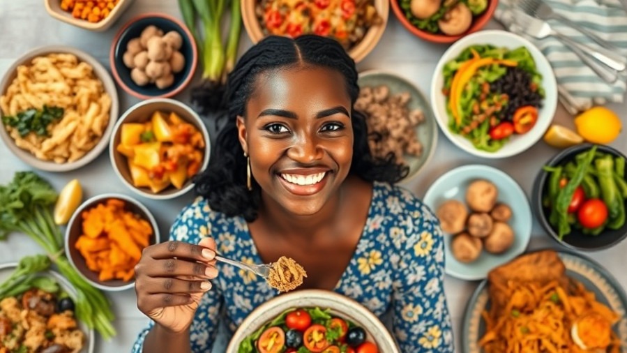Colorful plant-based meals spread, young woman smiling, vibrant dishes, healthy cooking.
