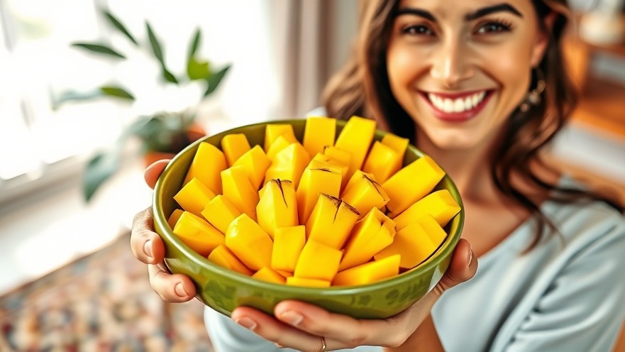 Smiling woman holding vibrant mangoes, showcasing health tips for women and natural wellness.