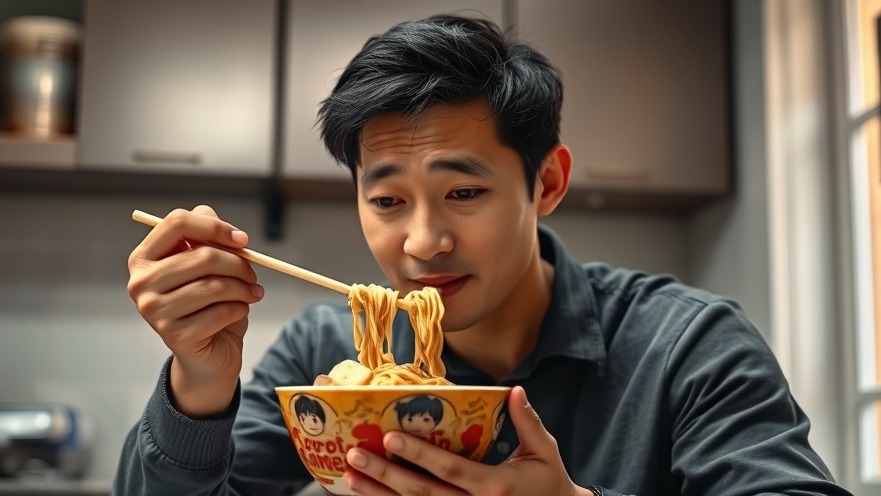 An Asian man enjoying La Praserie Ramen, a convenient plant-based meal in a cozy kitchen.