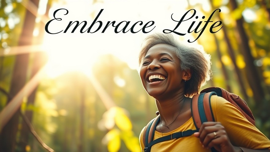 Self-discovery after 50: A joyful Black woman hiking in a sunlit forest.