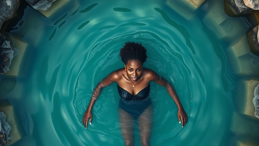 Serene view of a Black woman in mineral hot springs, perfect for wellness travel.