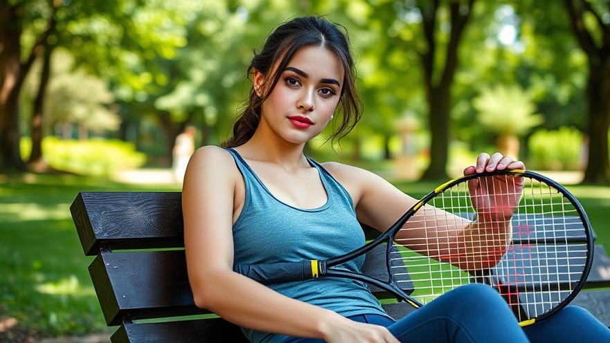 Young woman with tennis racket resting outdoors, showcasing tennis recovery techniques.