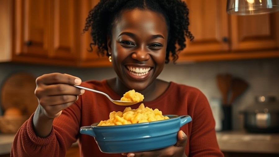 Joyful Black woman serving vegan mac and cheese, a healthy meal alternative.