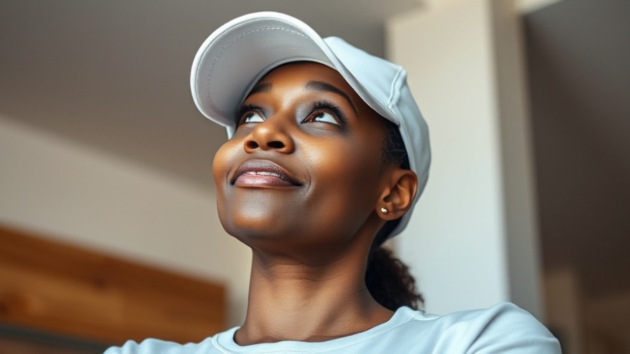 Confident Black woman at 50 embracing change and self-kindness indoors.