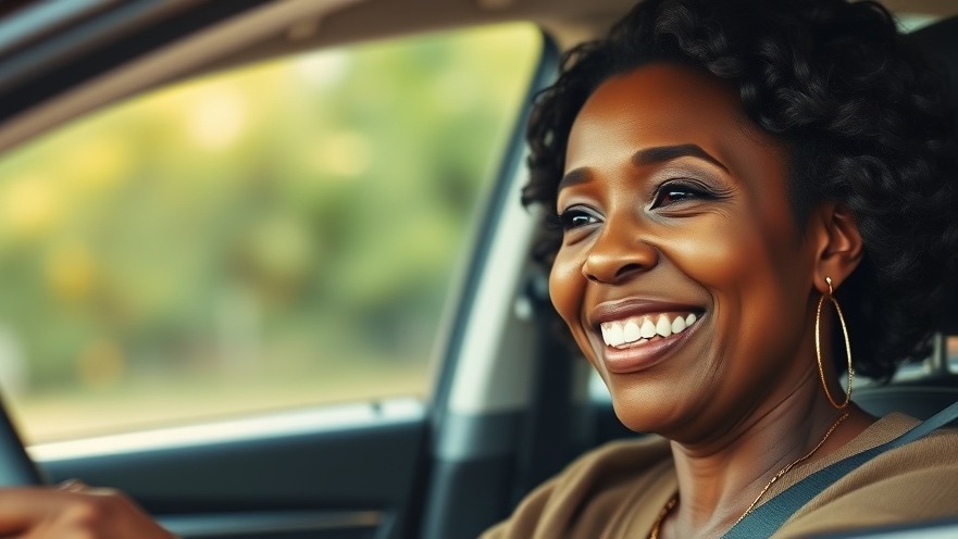 Confident Black woman embracing personal reinvention during a joyful car ride.