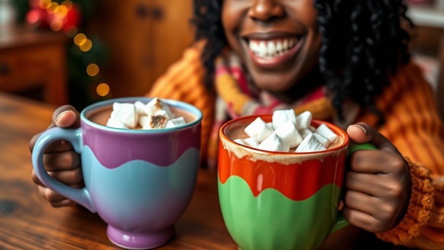 Smiling Black woman holds colorful mugs of vegan hot chocolate with homemade marshmallows.