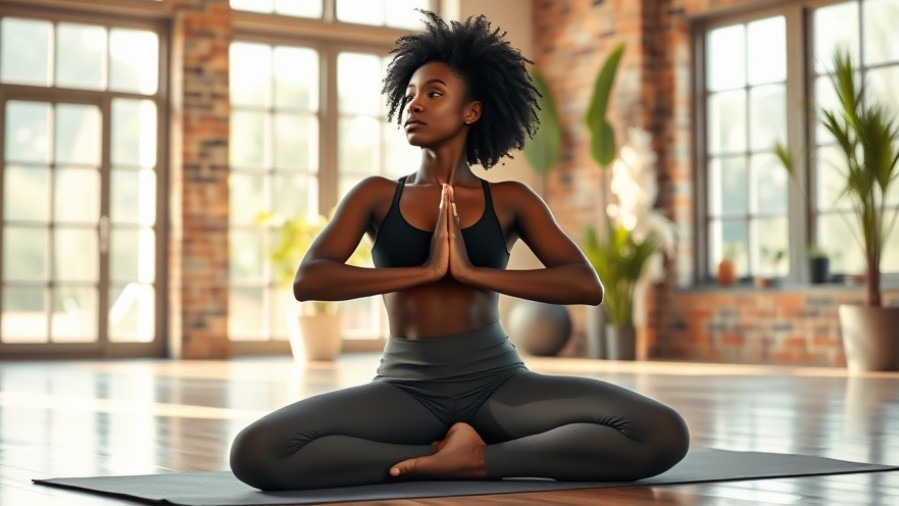 Young Black woman practicing yoga for stress relief and breathing techniques.