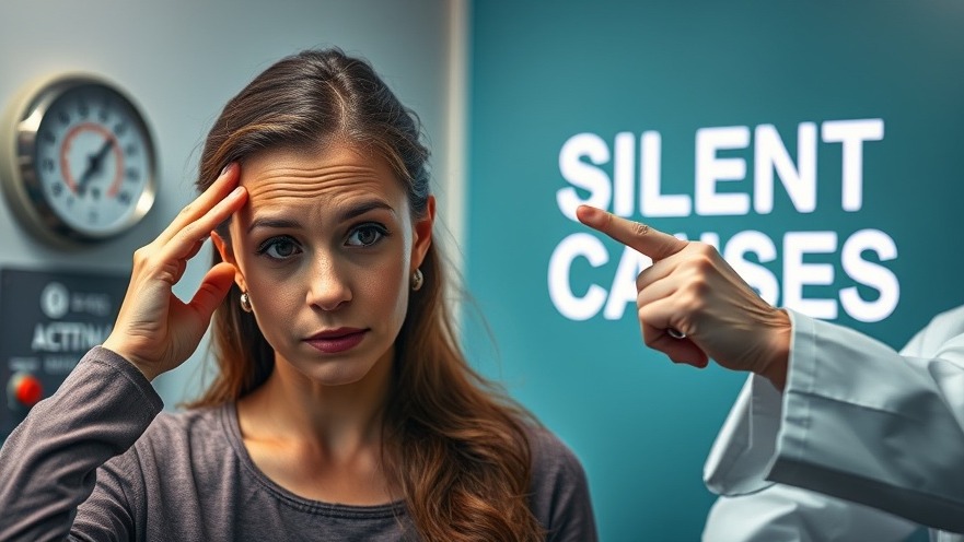 Concerned woman in clinic discussing high blood pressure symptoms with doctor.