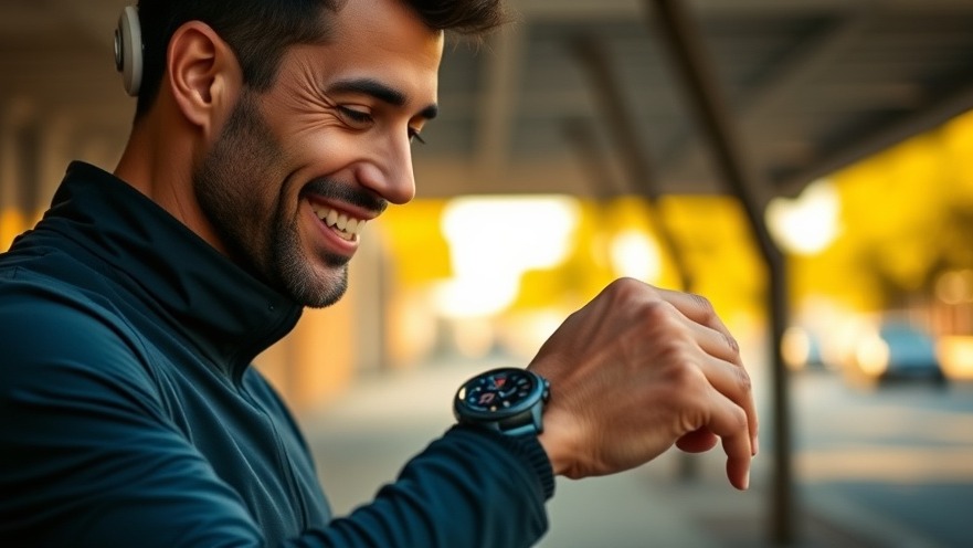 Smiling male athlete checking time with Garmin fitness trackers in urban sunlight.