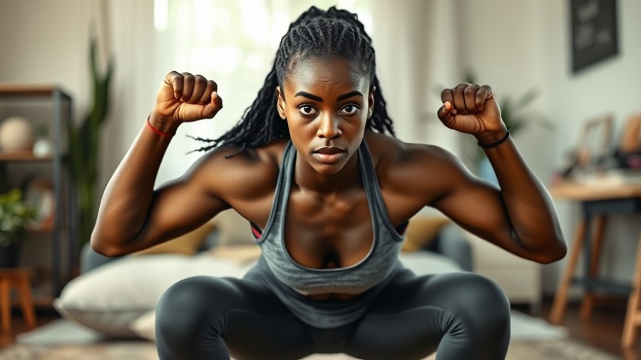 Black woman demonstrating lower body strength with squats at home, inclusive fitness focus.