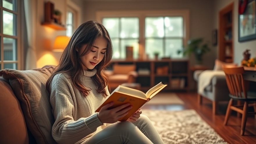 Cozy reading scene with autumn books in warm light and a calming atmosphere.