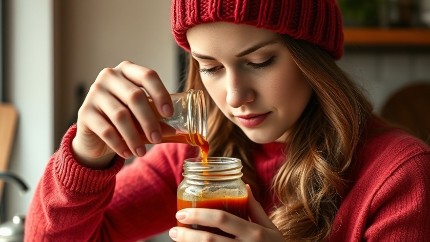 Young woman in red beanie pouring plant-based tahini dressing into a jar in a cozy kitchen.