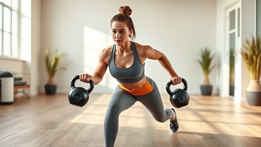Holistic fitness: Young woman lunging with kettlebells in a minimalist workout room.