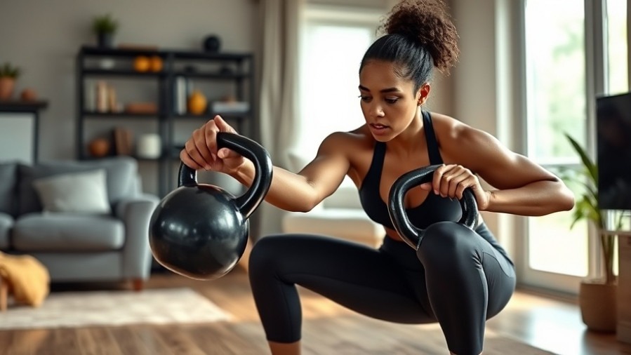 Athletic Black woman performing kettlebell squats at home, showcasing affordable fitness equipment.