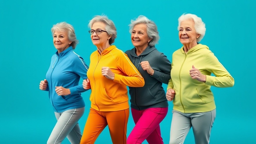 Energetic older women in sweat suits promoting cardiovascular health through low-impact exercise.