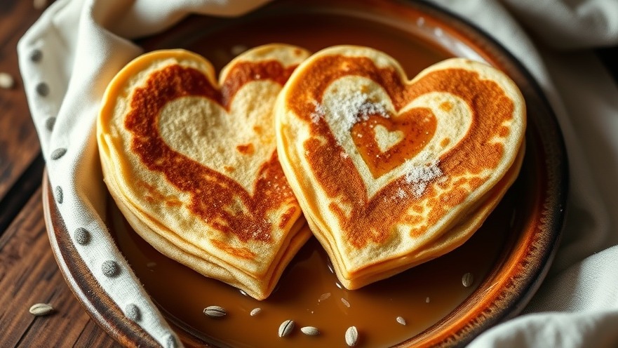 Homemade heart-shaped pancakes, perfect for romantic breakfast recipes on Valentine's Day.