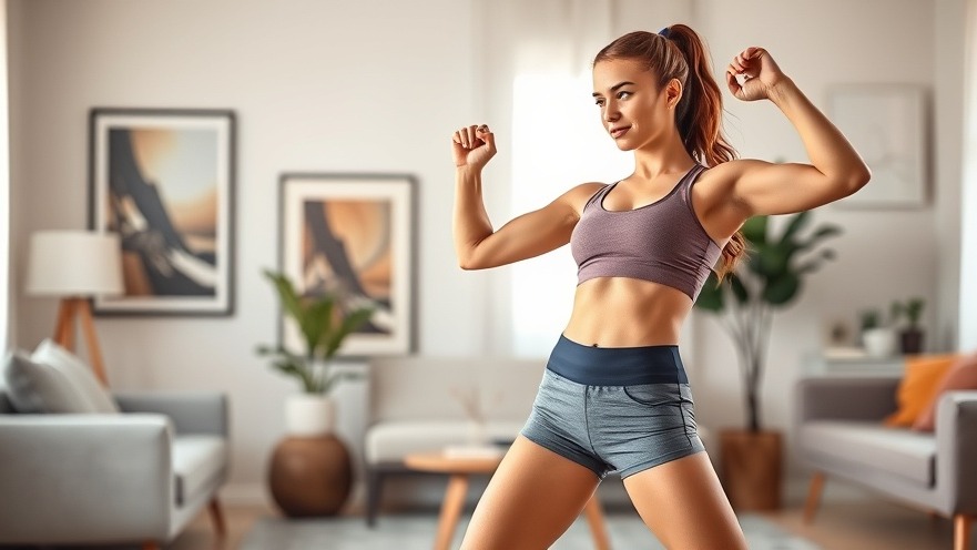 Confident young woman in workout gear doing fitness routines at home, promoting a healthy lifestyle.