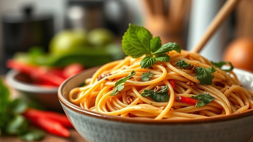 Photorealistic vegan Pad Thai with thin flat noodles, a delicious plant-based meal.