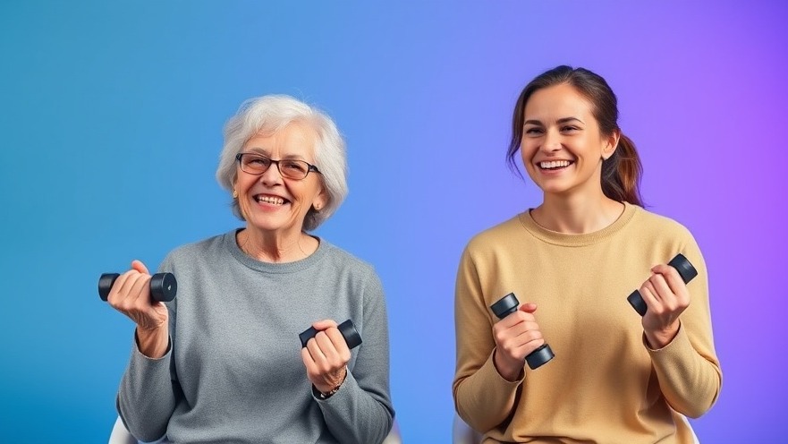 Cheerful women in a low-impact workout for seniors with dumbbells, promoting strength training.