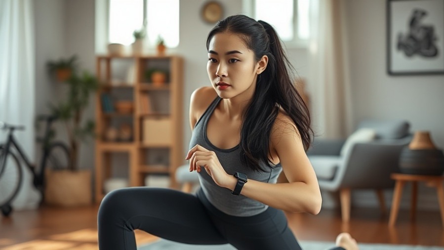 Young Asian woman performing lunges indoors, showcasing full body strength in a cozy fitness space.