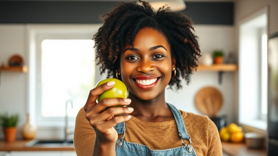 Cheerful Black woman holding a green apple, showcasing nutritional benefits of apples.