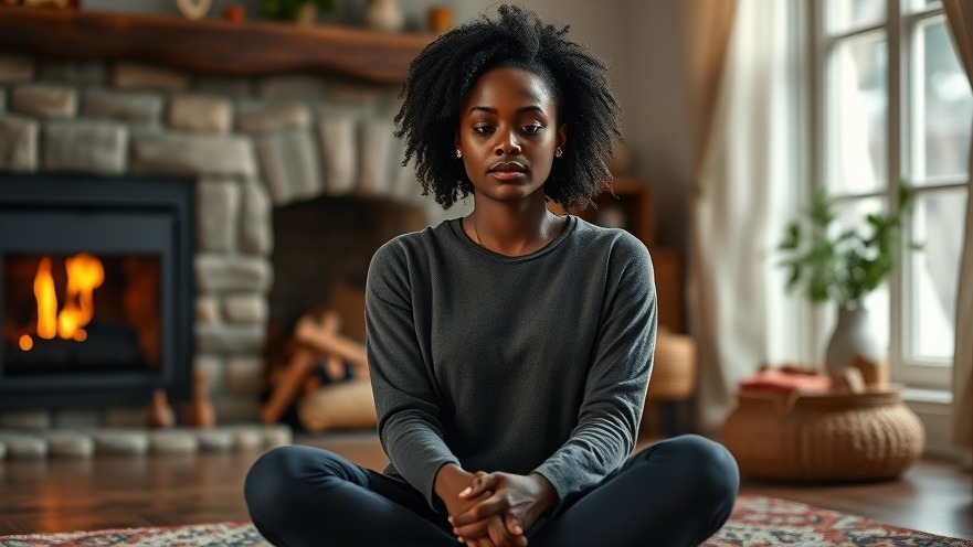Calm young Black woman practicing recovery techniques in a cozy room.