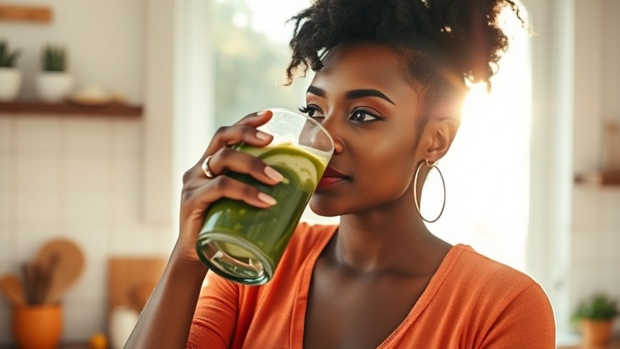 30ish Black woman enjoying a green smoothie, embodying natural detox methods against heavy metal toxicity.