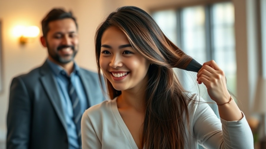 Smiling young woman brushing long hair, showcasing hair care tips for health.